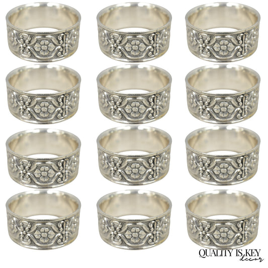 Vintage Victorian Style Silver Plated Floral Embossed Napkin Rings - Set of 12