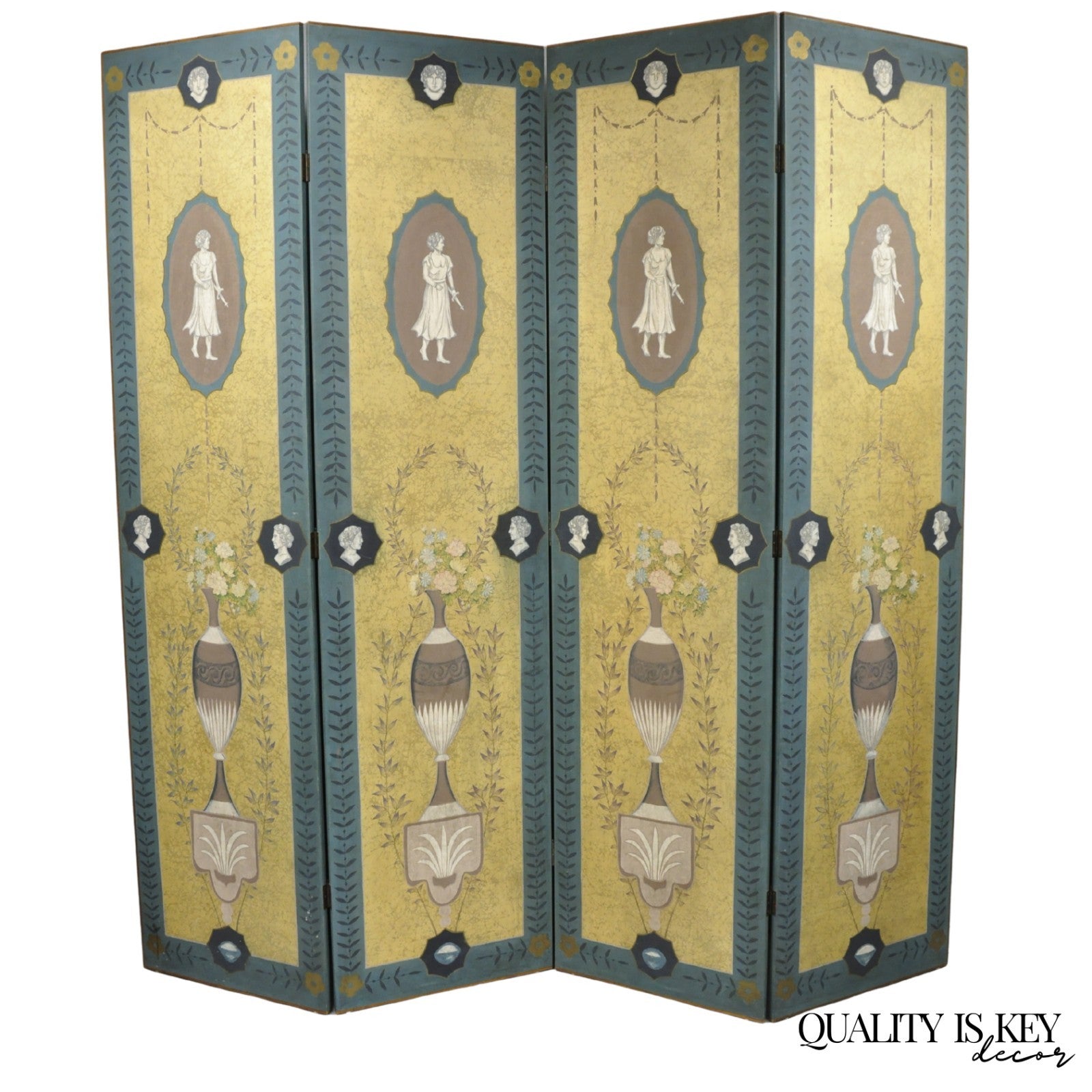 Neoclassical Robert Adam Style 96" Large 4 Panel Folding Screen Room Divider