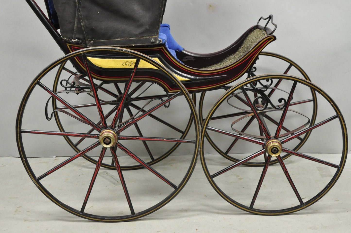 Antique Victorian Hand Painted Baby Carriage Buggy Stroller with Wooden Wheels