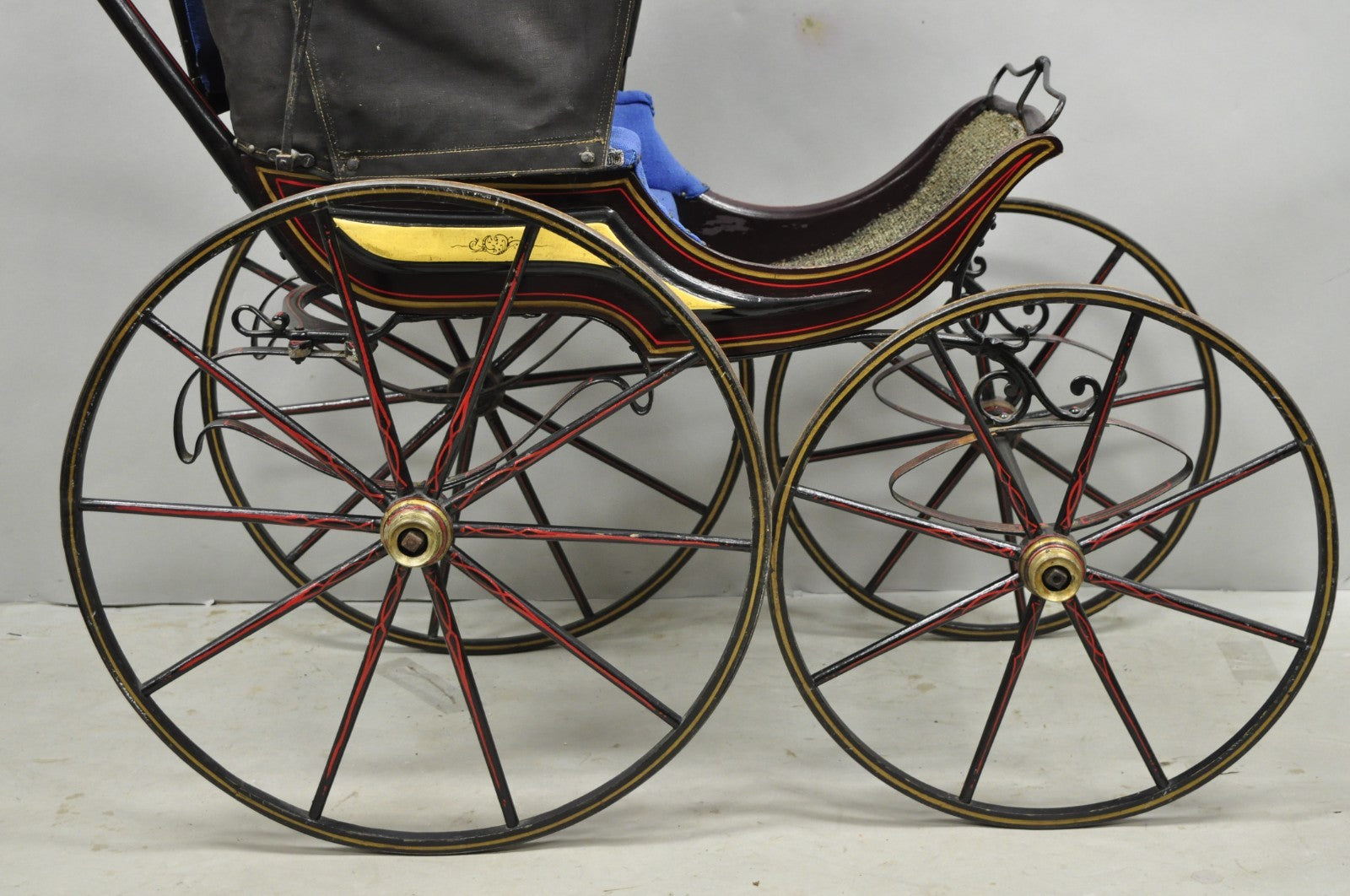 Antique Victorian Hand Painted Baby Carriage Buggy Stroller with Wooden Wheels
