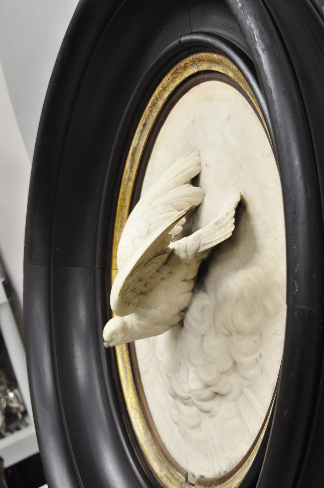 Antique Victorian Large Italian Oval Marble Relief Carved Dove Bird Wall Plaque