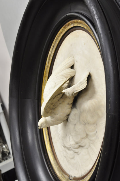 Antique Victorian Large Italian Oval Marble Relief Carved Dove Bird Wall Plaque