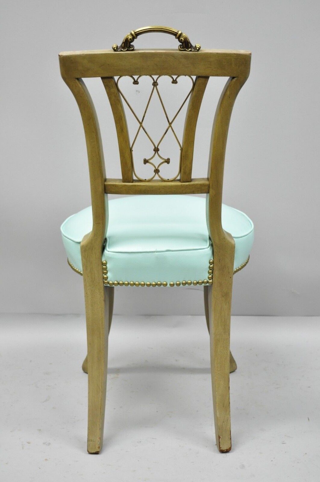 Pair of Carved Mahogany French Regency Style Chairs w/ Brass Handle & Aqua Vinyl