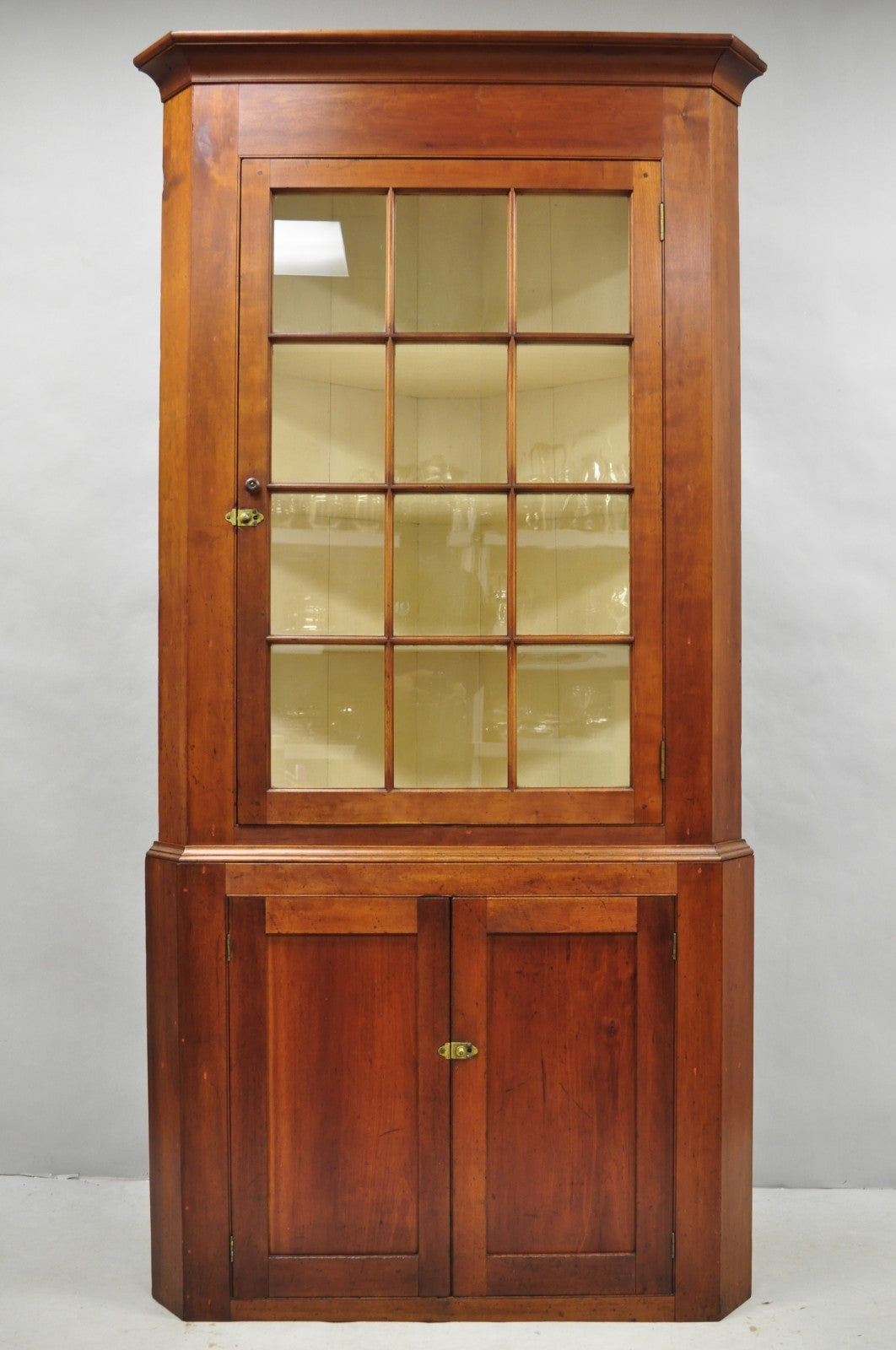 Antique Colonial Primitive Cherry Wood Glass Front Corner China Cabinet Cupboard