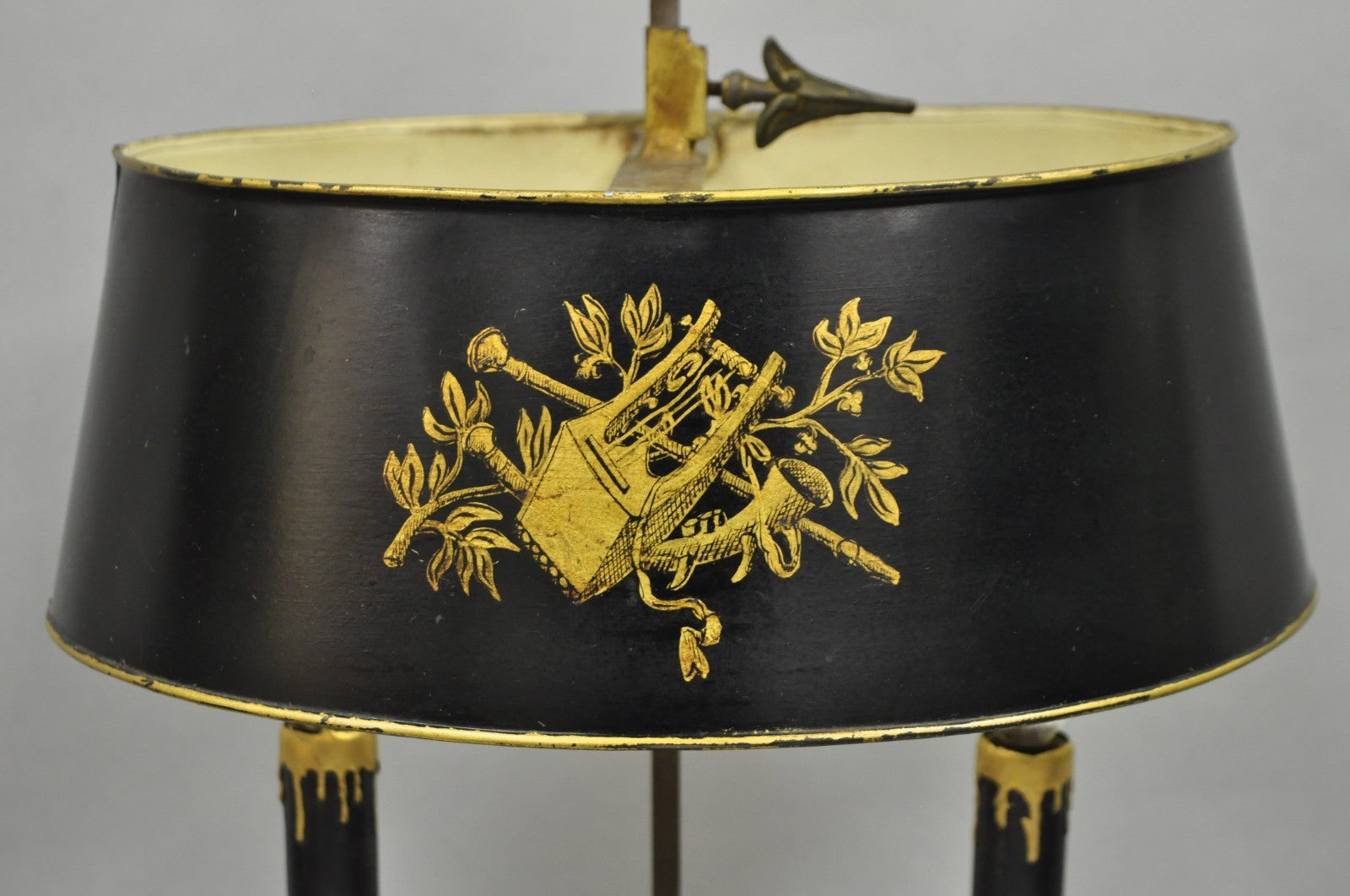 Antique French Empire Black & Gold Tole Metal Urn Bouillotte Table Lamp w Shade