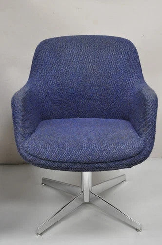Vintage Mid Century Modern Blue Upholstered Chrome Swivel Base Club Chair - Pair