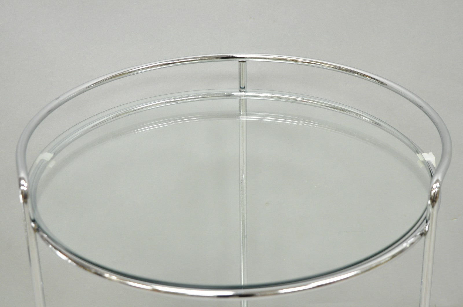 Vintage Mid Century Modern Chrome Round Glass 2 Tier Rolling Bar Cart Side Table