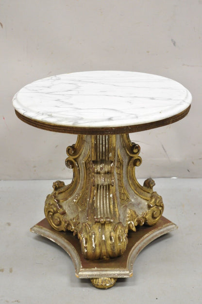 Italian Regency Florentine Carved Wood 18" Round Marble Top Pedestal Side Table