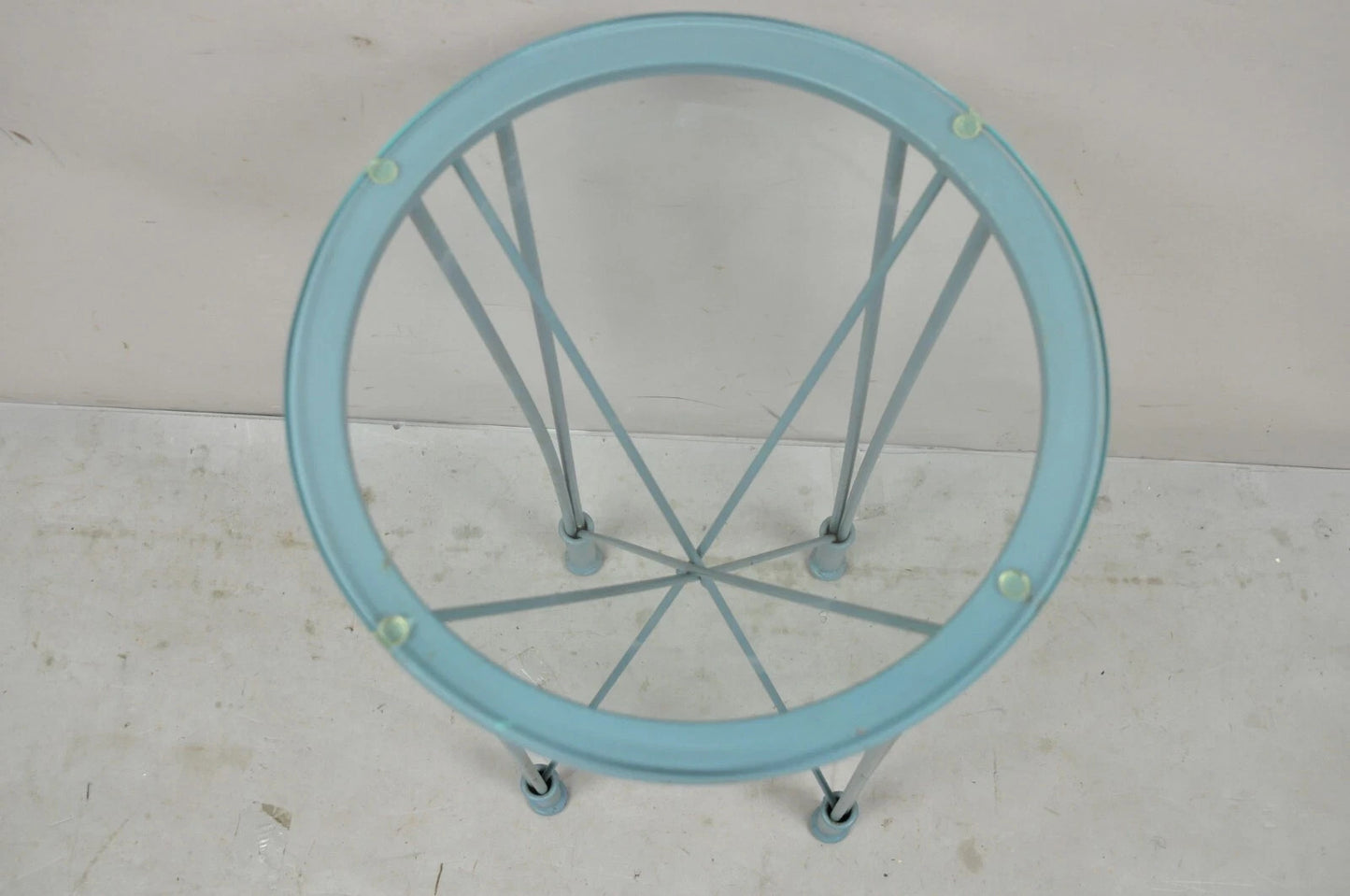Postmodern Blue Wrought Iron "Skyscraper" Glass Top Pedestal Stand Side Table