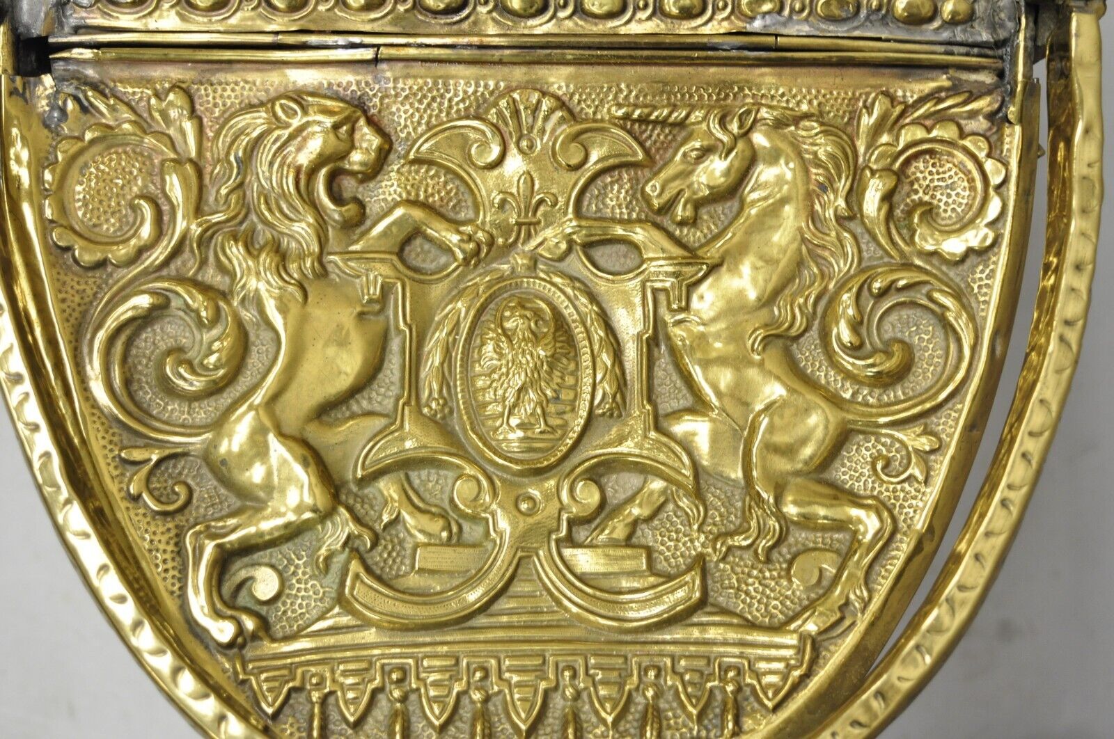 Antique English Renaissance Unicorn, Lion Shield Figural Brass Coal Bucket Bin