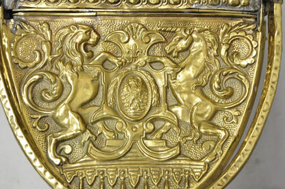 Antique English Renaissance Unicorn, Lion Shield Figural Brass Coal Bucket Bin