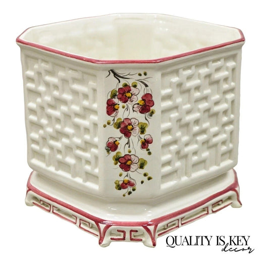 Vintage Chinoiserie Italian Porcelain Lattice Fretwork Pink Flower Planter Pot