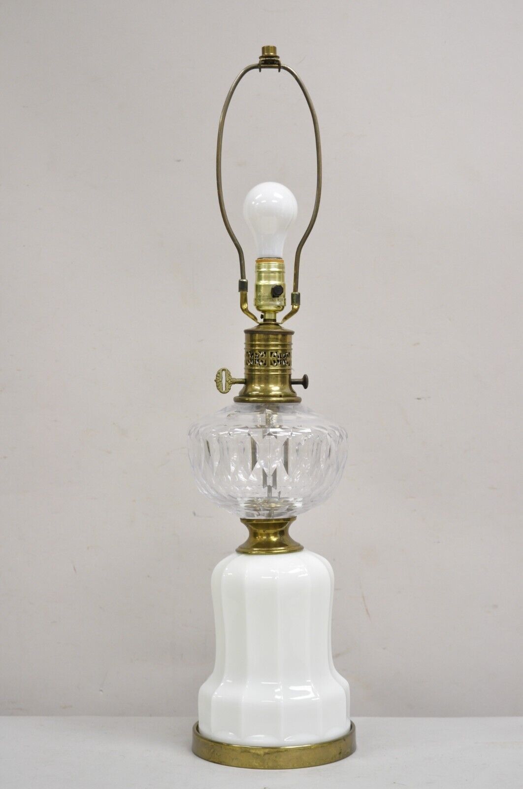 Antique Victorian Coin Dot Crystal Glass & Milk Glass Lantern Table Lamp