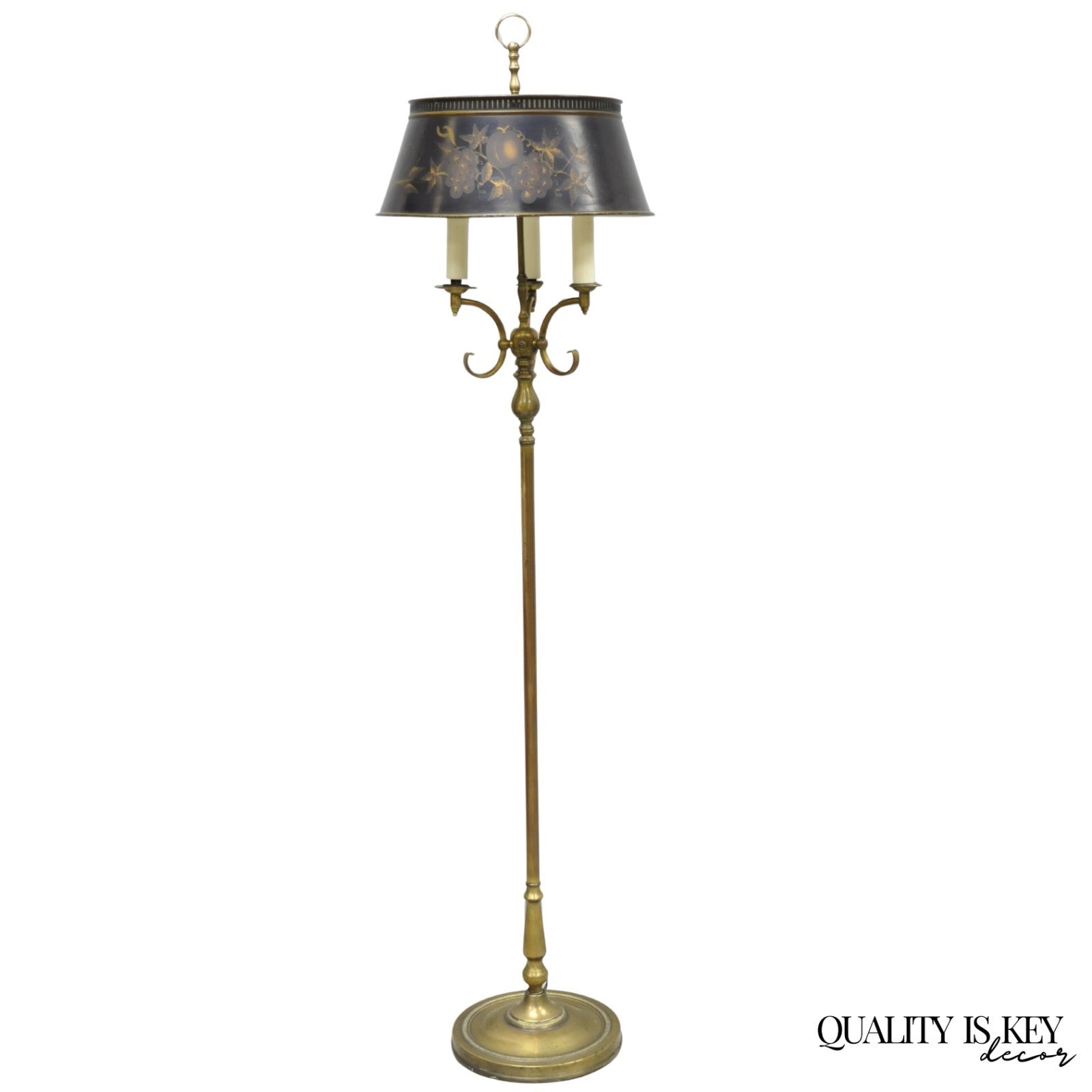 Vintage French Country Brass Reading Floor Pole Lamp with Tole Metal Shade