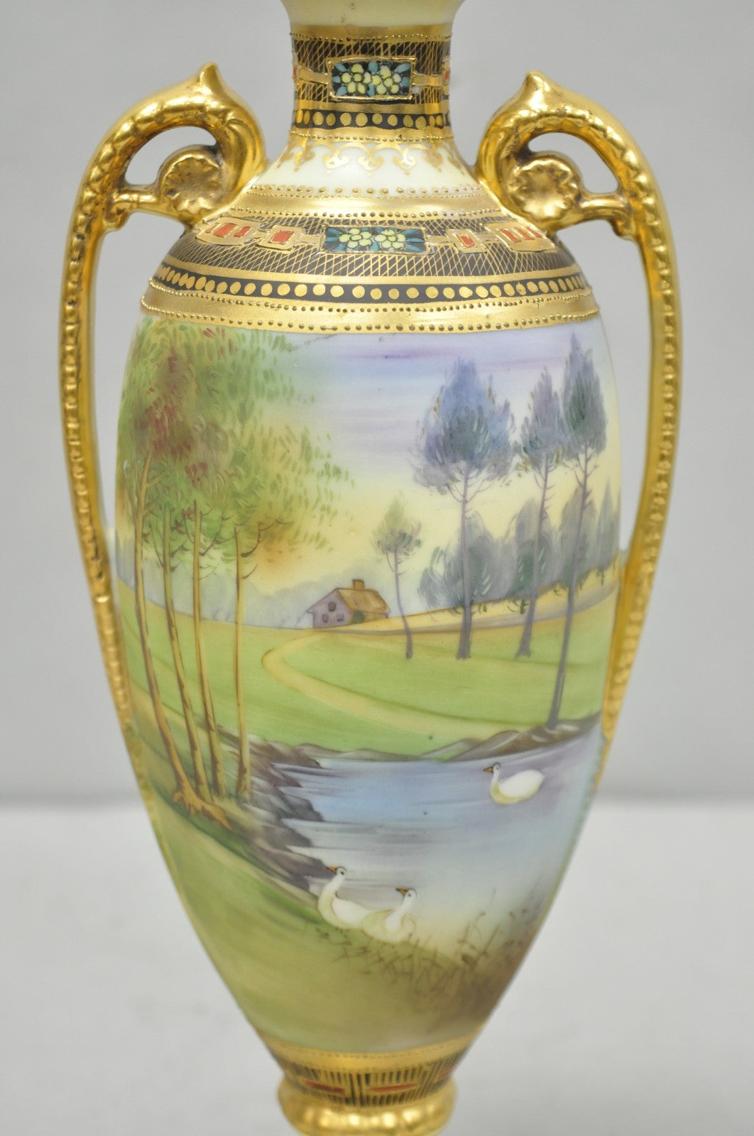 Antique Nippon Hand Painted Twin Handled Gold Gilt Lake & Swan Scene Bolted Vase