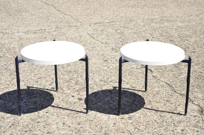 Vintage Aluminum Faux Bamboo Round Fiberglass Pool Patio Side Tables - a Pair