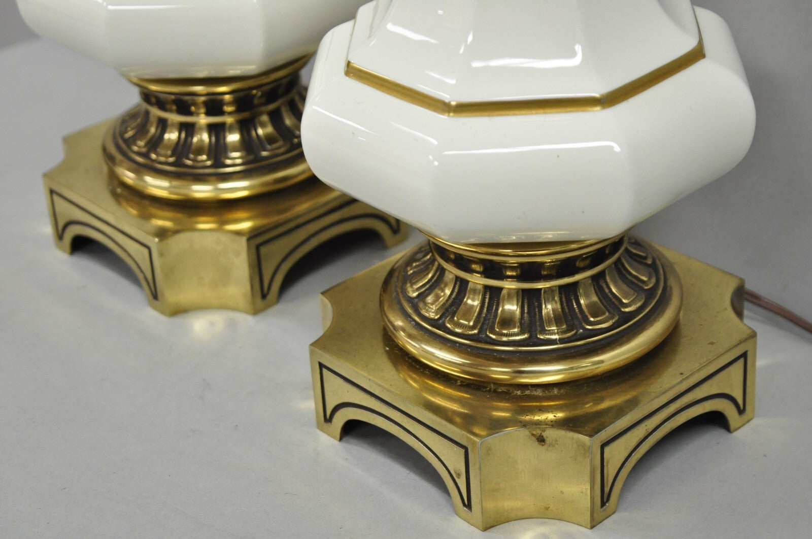 Vintage Stiffel Empire Style Burnished Brass & Porcelain Table Lamps (A) - Pair