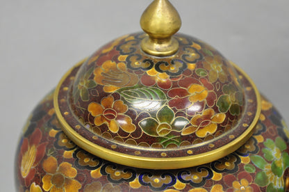 Vintage Cloisonné Chinese Small Enameled Brown Covered Ginger Jar on Stand, Pair