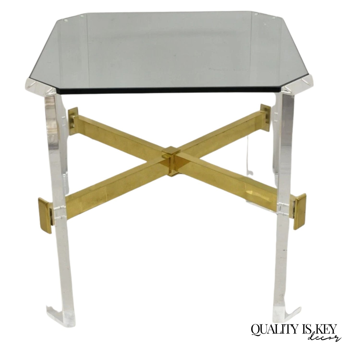 Vintage Mid Century Modern Lucite & Glass Brass Stretcher Occasional Side Table