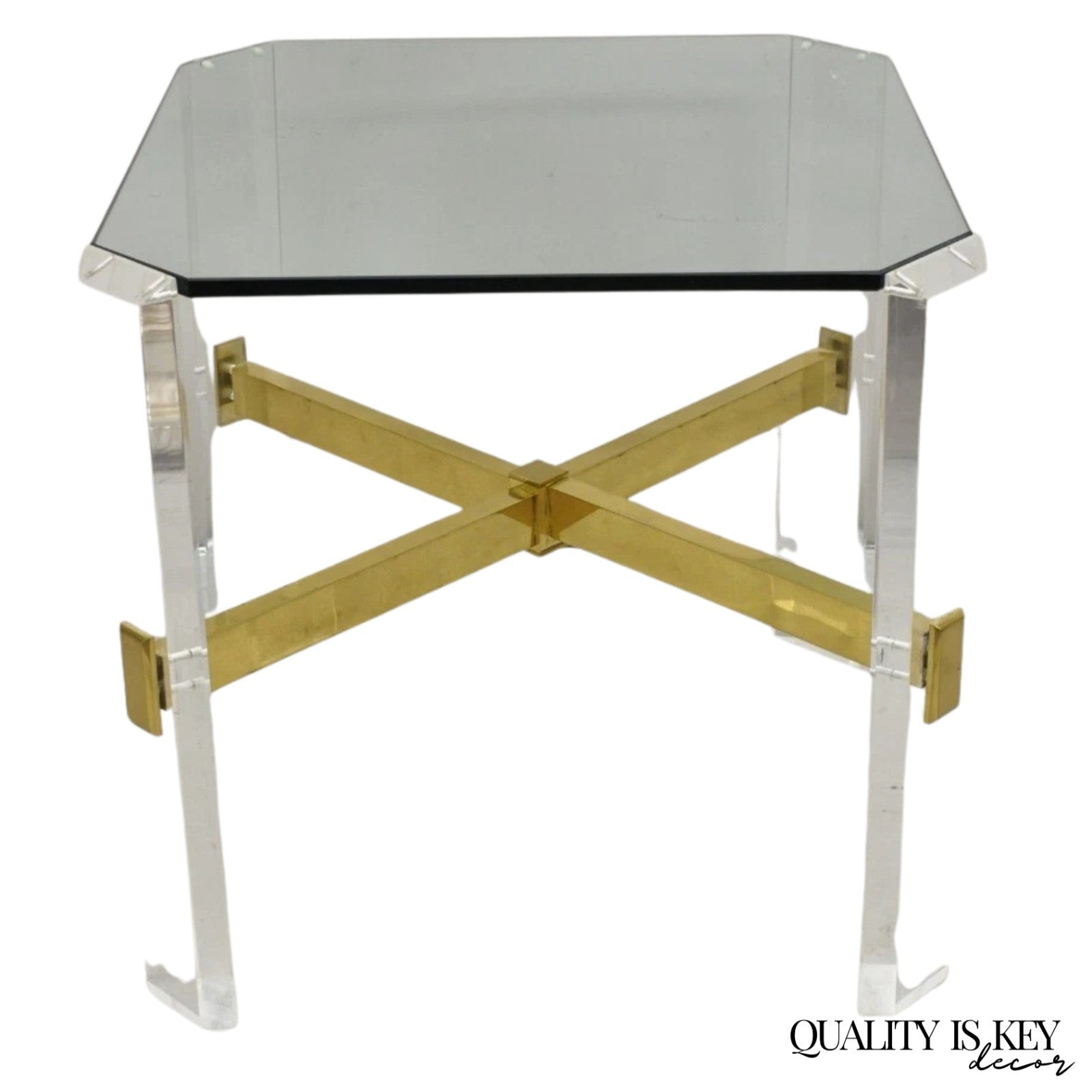 Vintage Mid Century Modern Lucite & Glass Brass Stretcher Occasional Side Table
