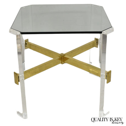 Vintage Mid Century Modern Lucite & Glass Brass Stretcher Occasional Side Table