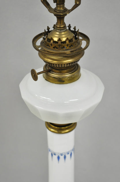 Vintage Italian Neoclassical White Milk Glass Column Blue Greek Key Table Lamp