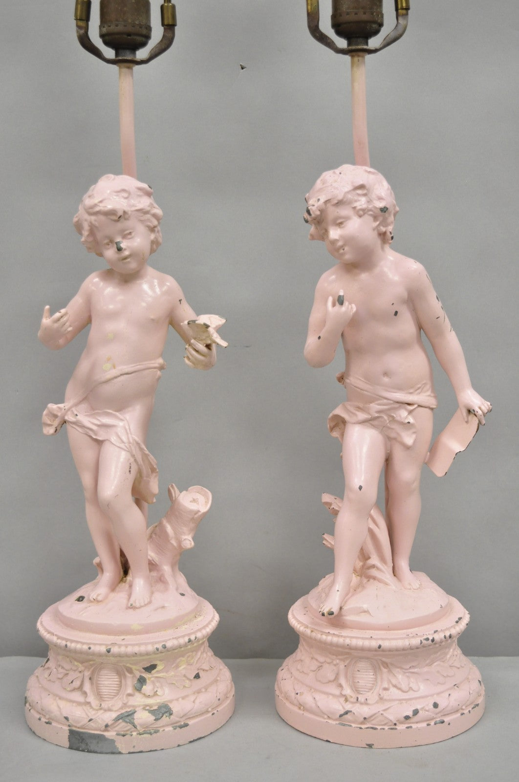Antique French Renaissance Figural Spelter Metal Figural Cherub Table Lamps Pair