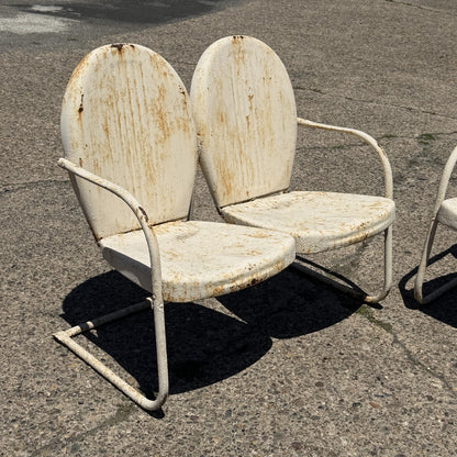 Vintage Art Deco Steel Metal Clam Shell Double Seat Porch Patio Loveseat - Pair