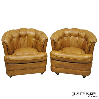 Vintage Classic Leather Chesterfield Brown Tufted Leather Barrel Club Chair Pair