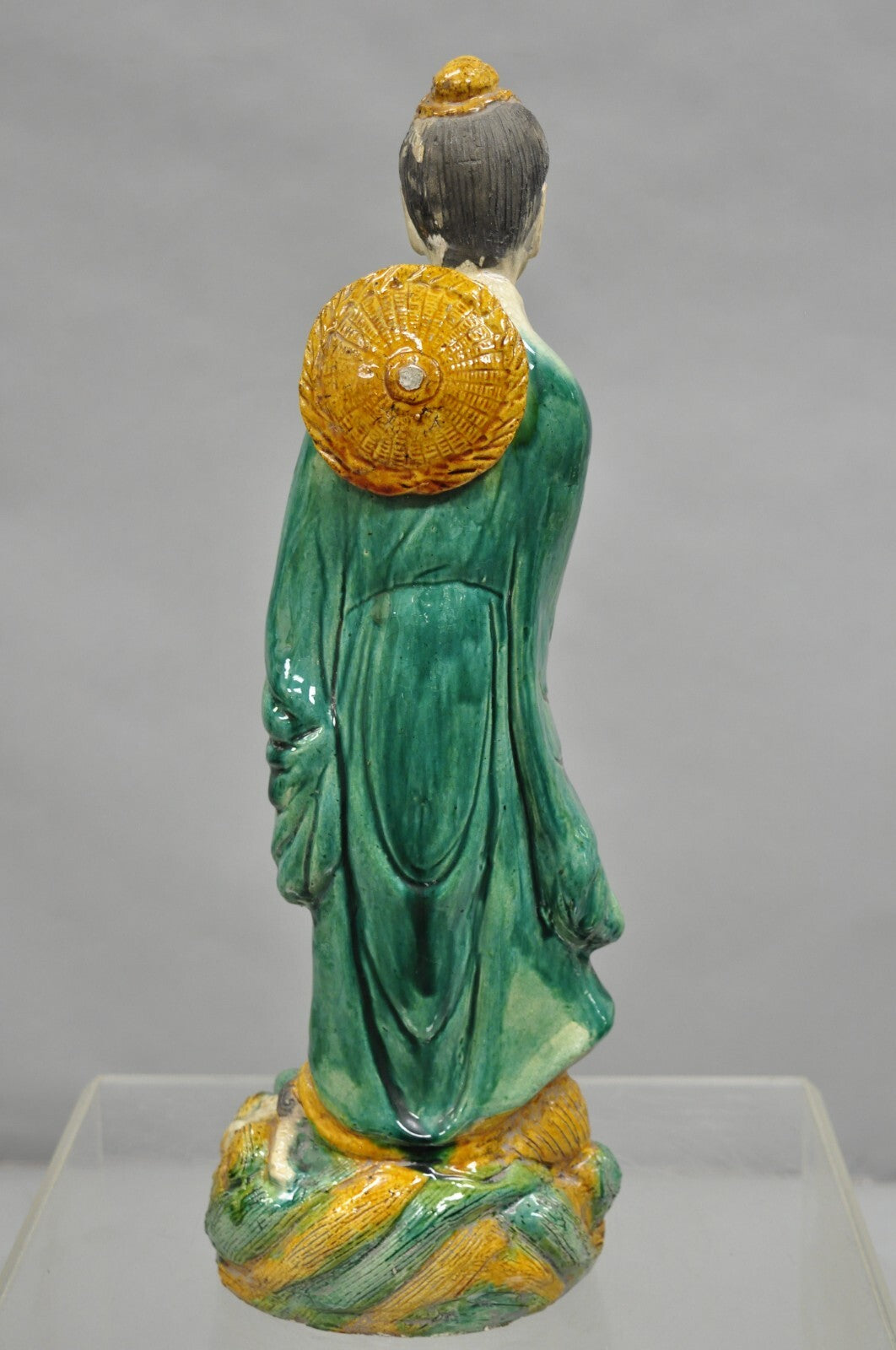 Antique Chinese Green Sancai Glazed Pottery 21" Guanyin Sculpture Figure