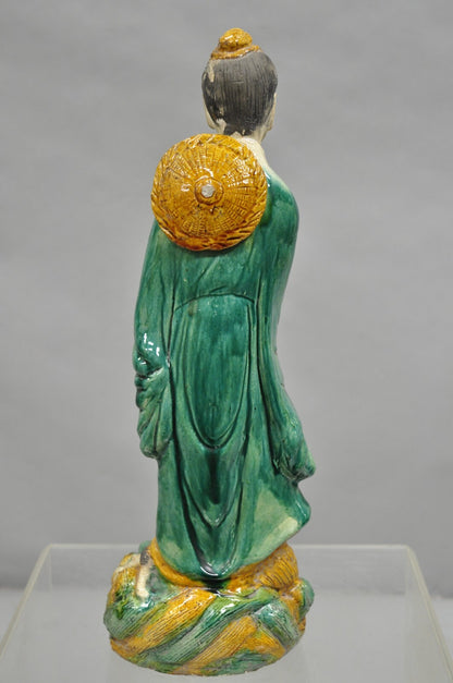 Antique Chinese Green Sancai Glazed Pottery 21" Guanyin Sculpture Figure