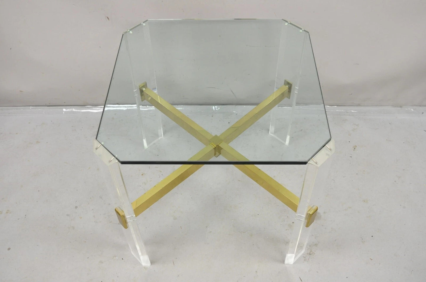 Vintage Mid Century Modern Lucite & Glass Brass Stretcher Occasional Side Table