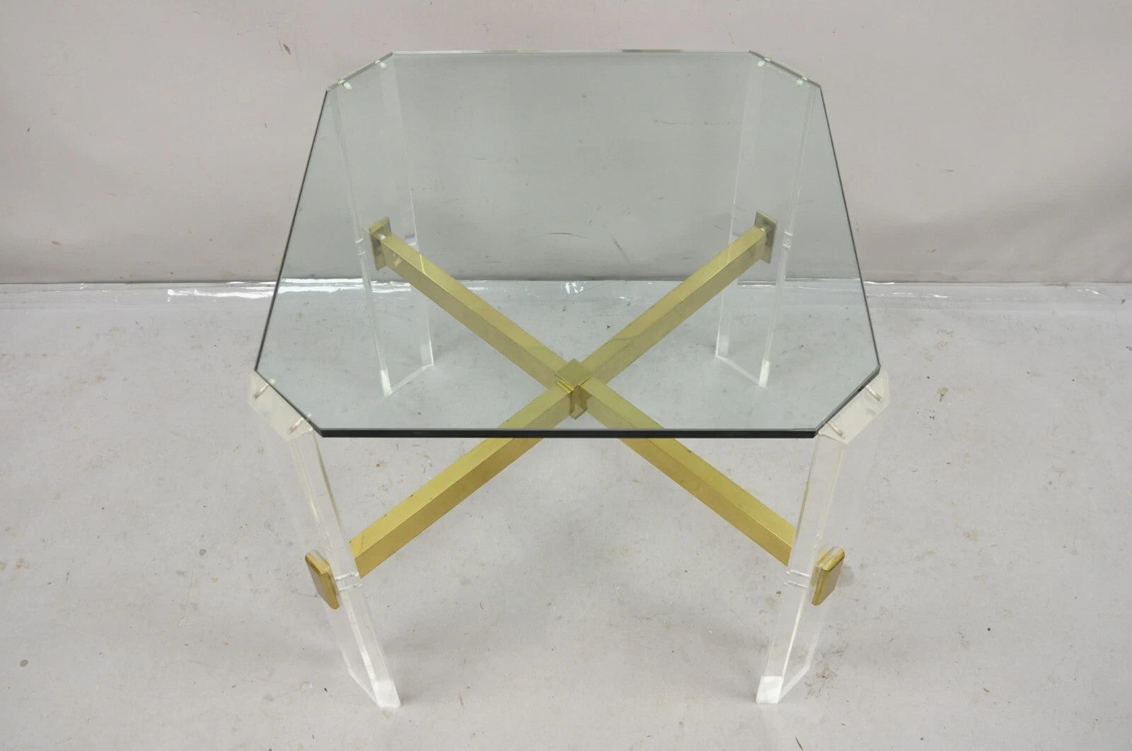 Vintage Mid Century Modern Lucite & Glass Brass Stretcher Occasional Side Table