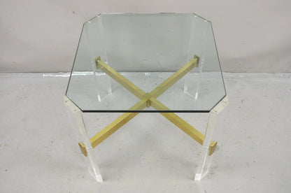Vintage Mid Century Modern Lucite & Glass Brass Stretcher Occasional Side Table