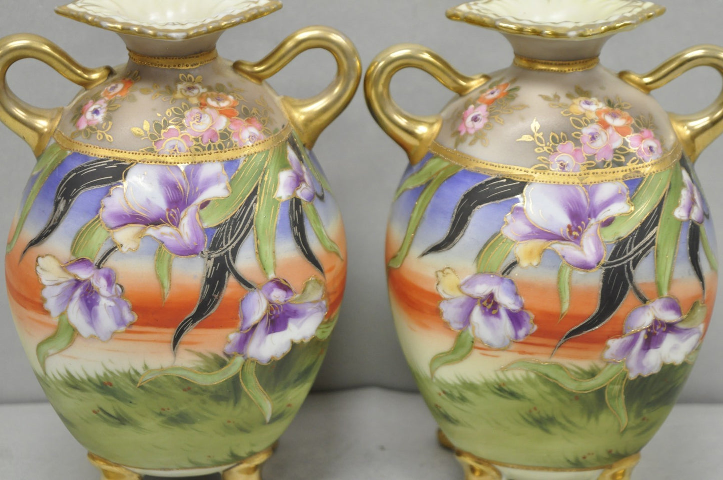 Antique Nippon Moriage Hand Painted Porcelain Purple Iris & Gold Gilt Vase Pair