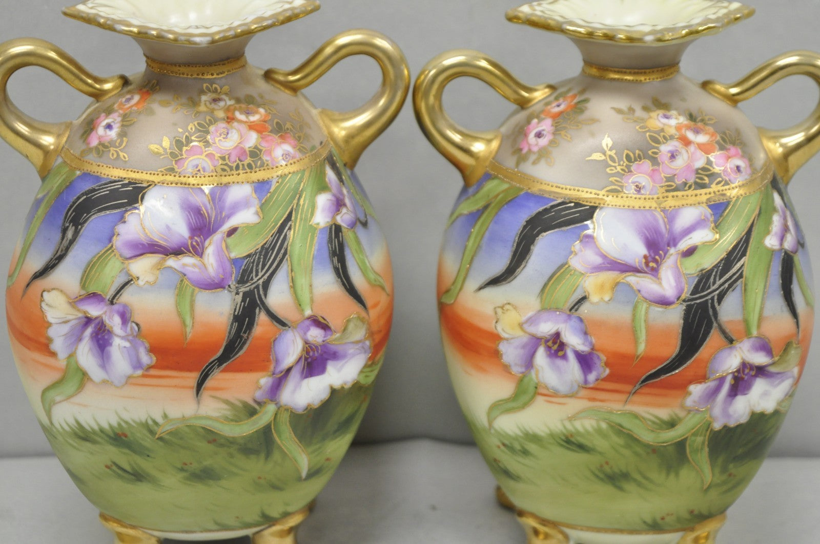 Antique Nippon Moriage Hand Painted Porcelain Purple Iris & Gold Gilt Vase Pair