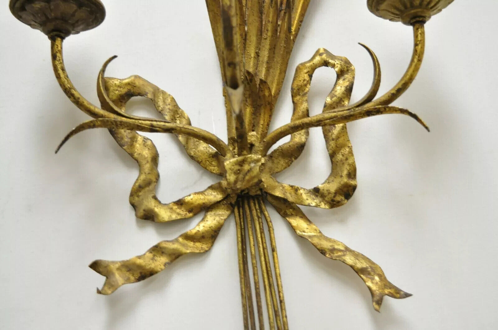 Italian Hollywood Regency Gold Iron Sheaf of Wheat Candle Wall Sconces - a Pair