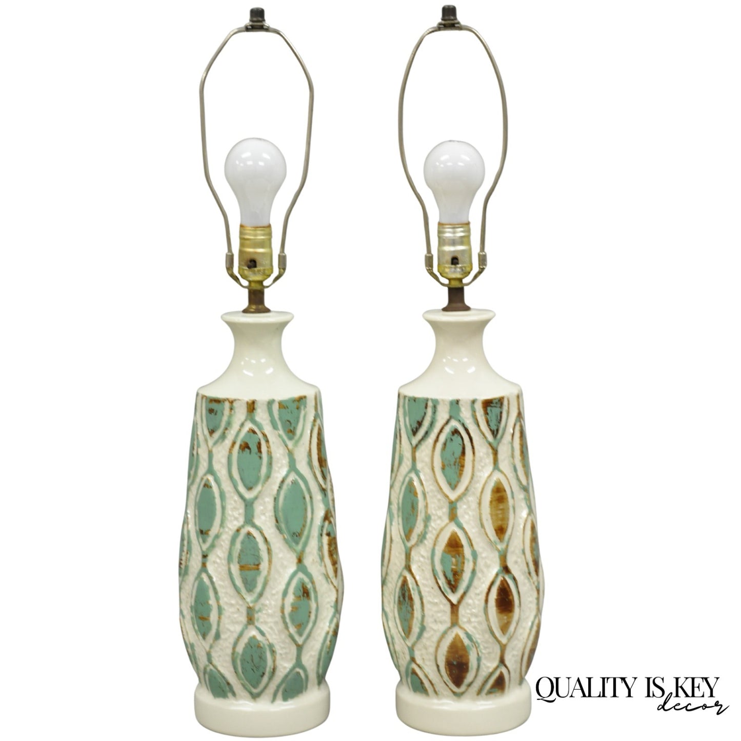 Vintage Mid Century Modern Turquoise Blue White Ceramic Pottery Table Lamp Pair