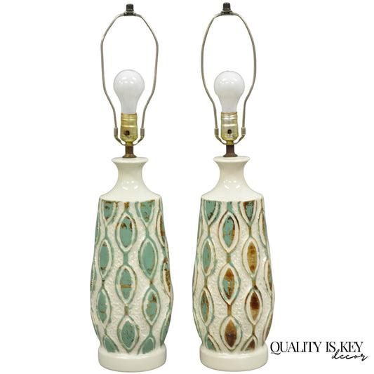 Vintage Mid Century Modern Turquoise Blue White Ceramic Pottery Table Lamp Pair