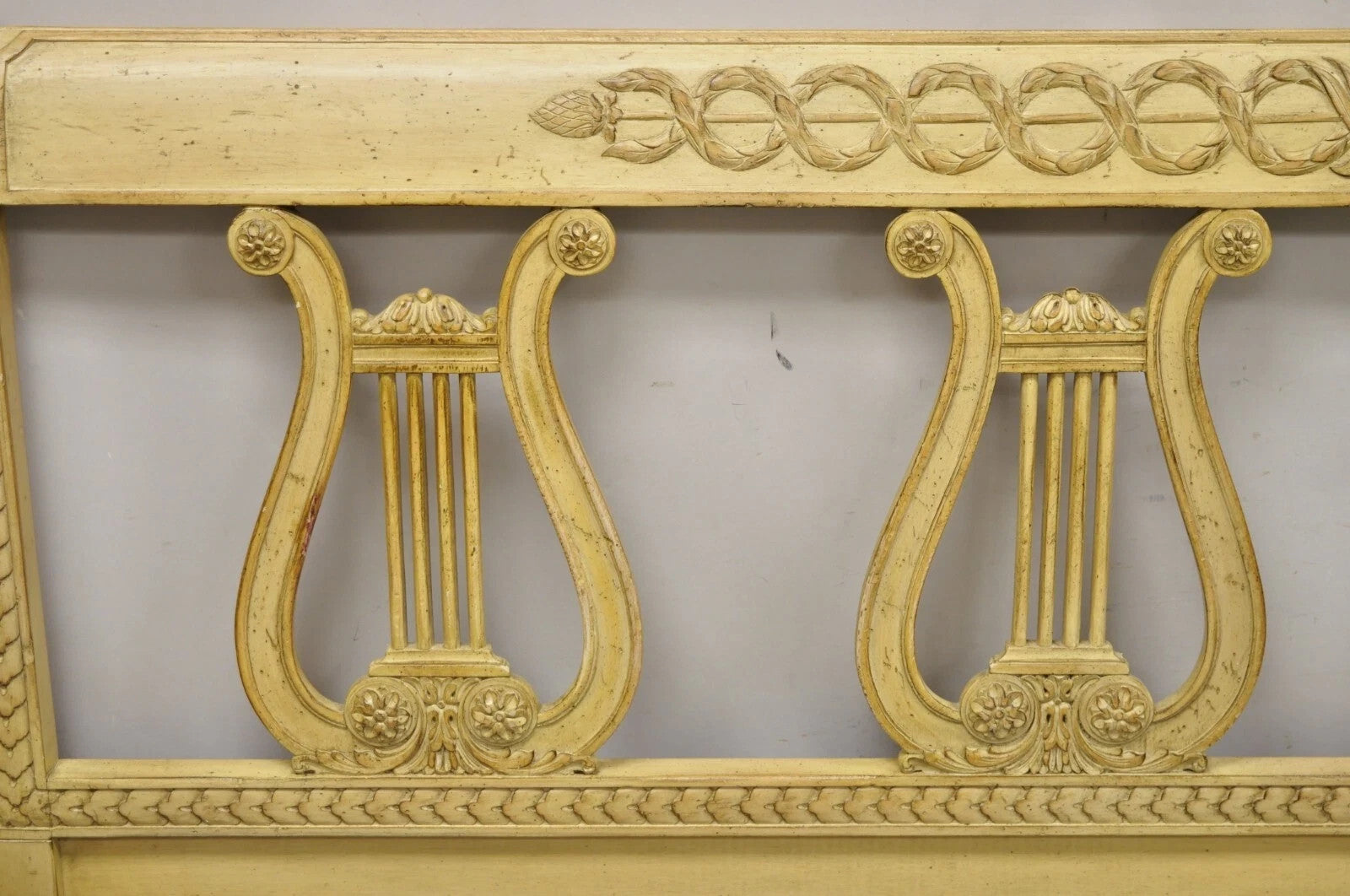 Vintage Italian Neoclassical Carved Lyre Harp Wooden King Size Bed Headboard