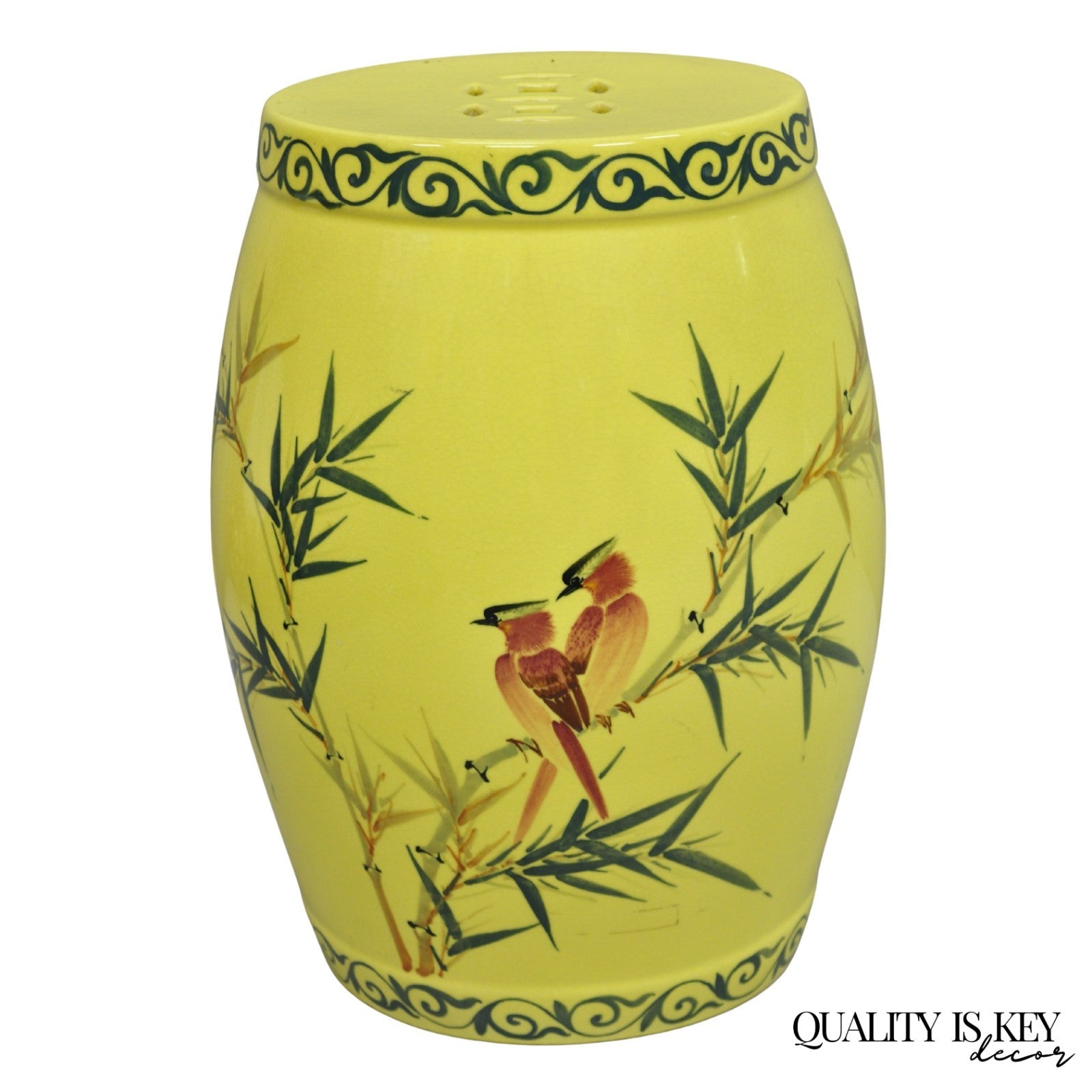 Vintage Chinese Chinoiserie Yellow Porcelain Ceramic Garden Seat w Painted Birds