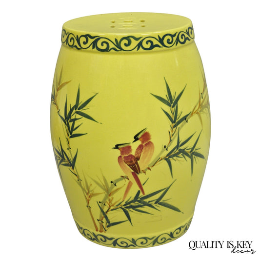 Vintage Chinese Chinoiserie Yellow Porcelain Ceramic Garden Seat w Painted Birds