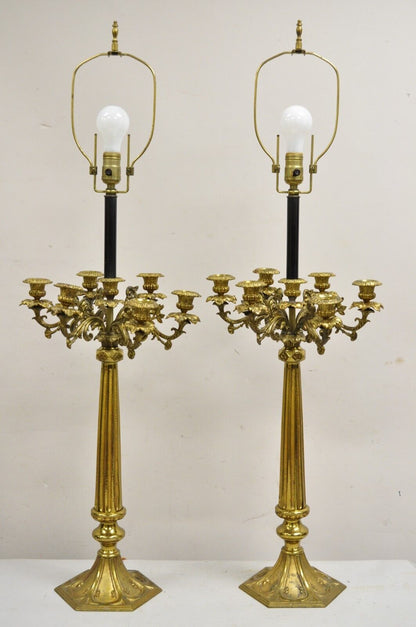 Antique Gothic French Empire Renaissance Bronze Candelabra Table Lamps - a Pair