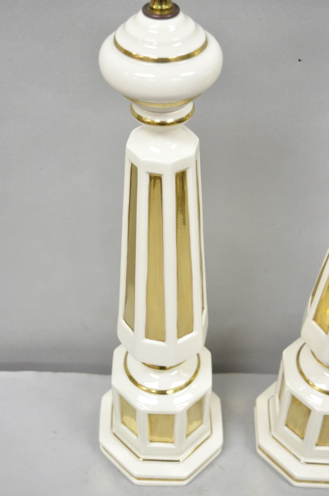 Vintage Italian Hollywood Regency Cream & Gold Porcelain Column Table Lamp, Pair