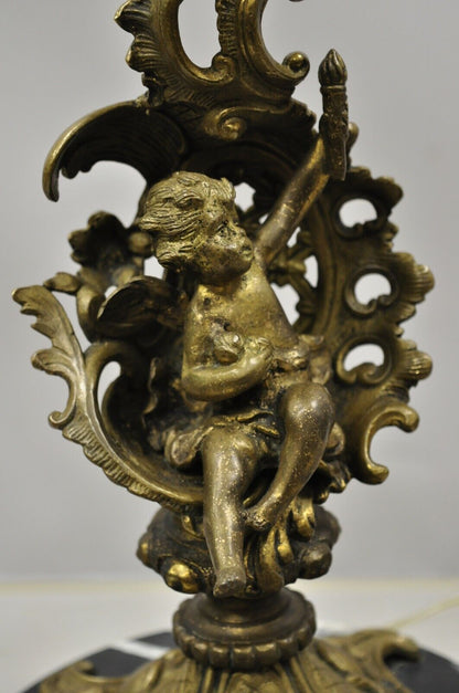 Vintage French Rococo Style Figural Cherub Brass & Marble Candelabra Table Lamp