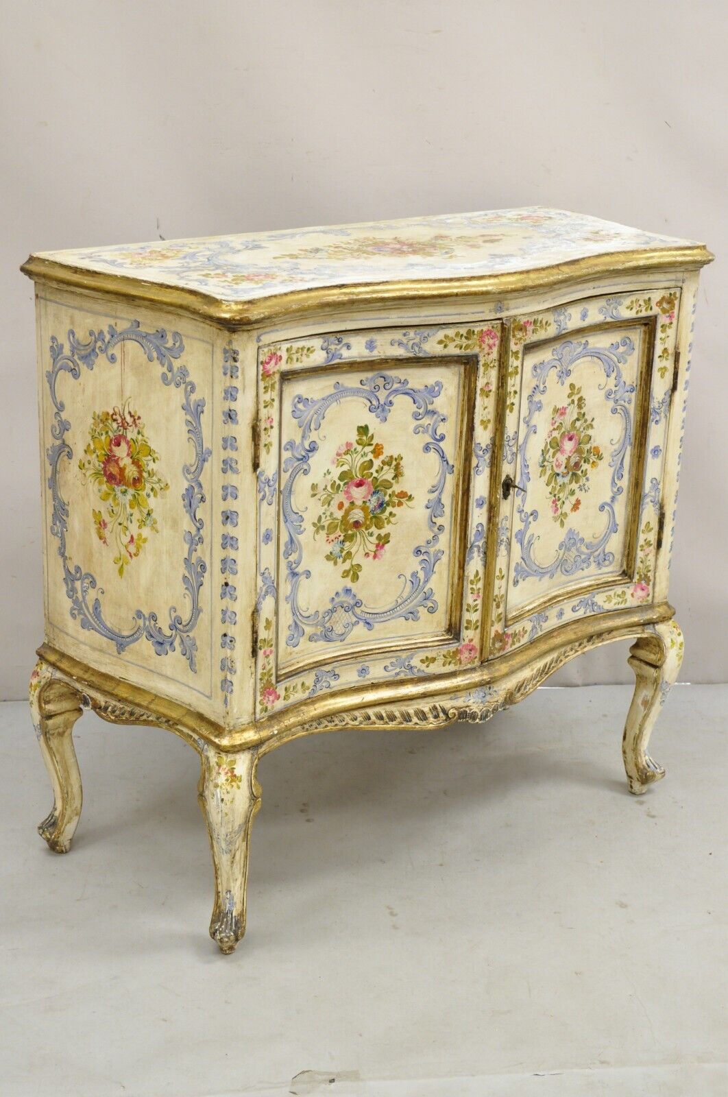 19th C. Italian Venetian Hand Painted Demilune Buffet Cabinet with 3 Drawers