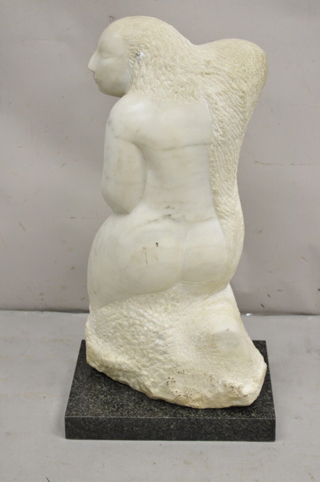 Lorrie Goulet Large Female Nude Carved Marble Abstract Sculpture on Marble Base