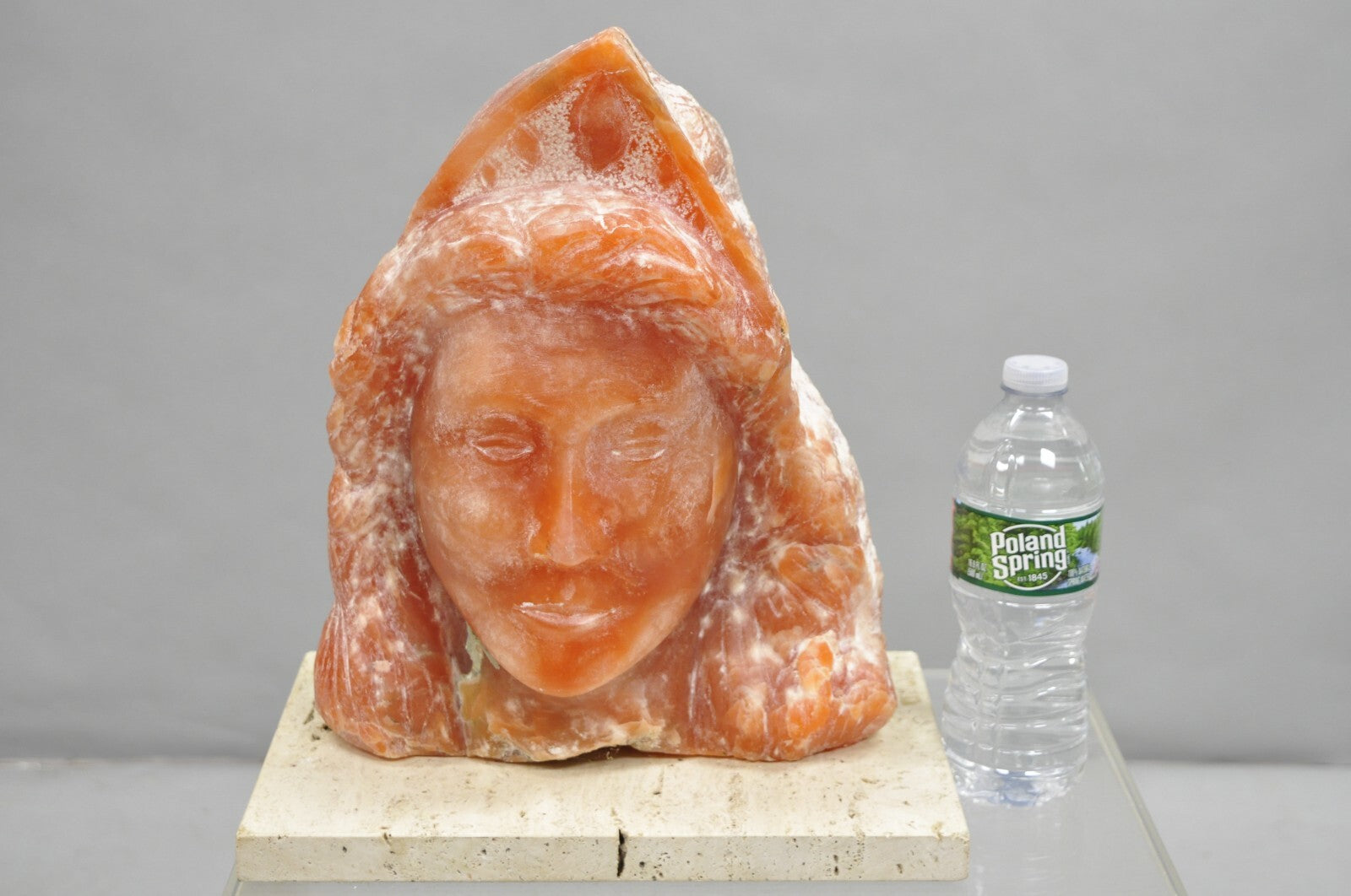 Orange Alabaster "Native American Woman" Bust Sculpture on Travertine Base