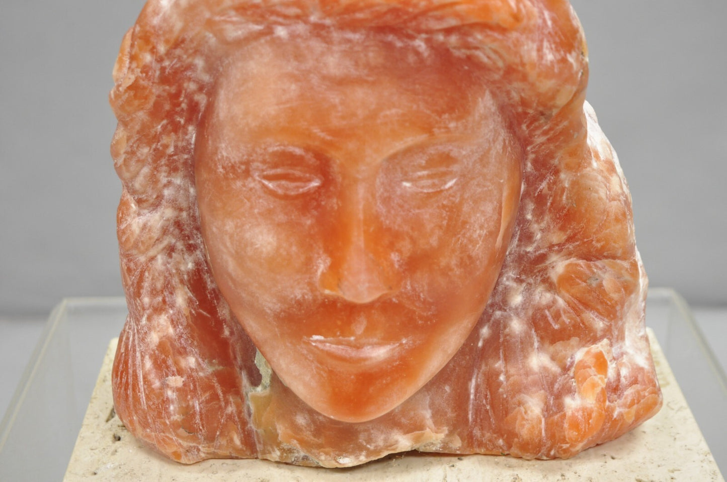 Orange Alabaster "Native American Woman" Bust Sculpture on Travertine Base