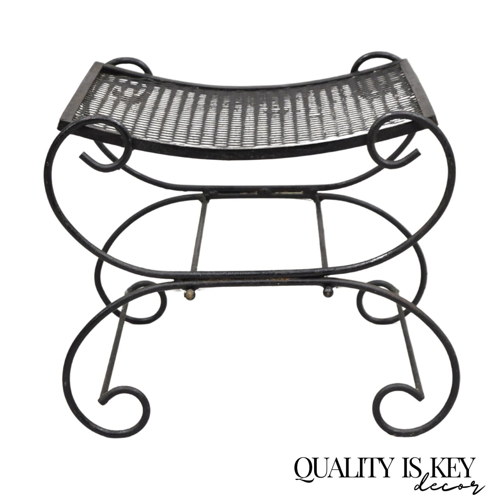 Vintage Hollywood Regency Black Wrought Iron Curule Scrolling Bench (A)